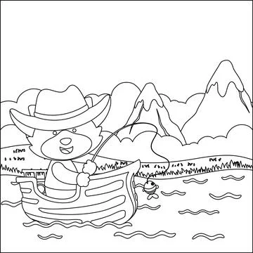 Vector cartoon illustration of cute fox fishing on sailboat Stock Illustration