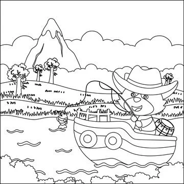 Vector cartoon illustration of cute fox fishing on sailboat Stock Illustration
