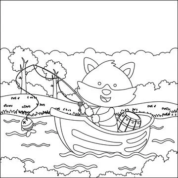 Vector cartoon illustration of cute fox fishing on sailboat Stock Illustration