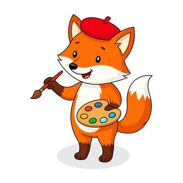 Vector Cartoon Illustration Of A Cute Fox Artist Holding Paintbrush And Col.. Stock Illustration