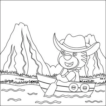 Vector cartoon illustration of cute tiger on sailboat with cartoon style. Stock Illustration