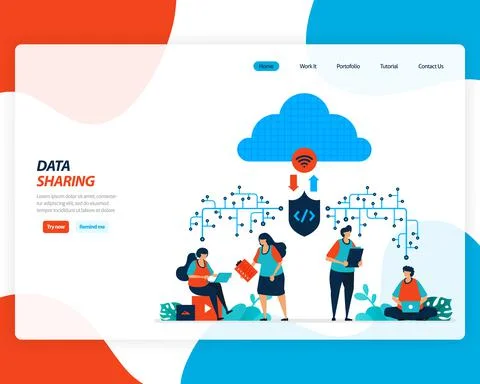 Vector cartoon illustration of data sharing technology, remote worker, networ Stock Illustration