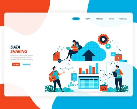 Vector cartoon illustration of data sharing technology, remote worker, networ Stock Illustration