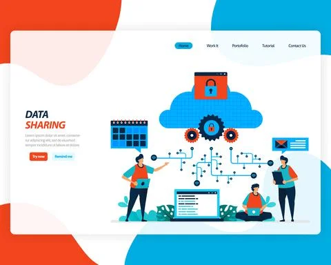 Vector cartoon illustration of data sharing technology, remote worker, networ Stock Illustration