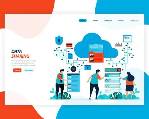 Vector cartoon illustration of data sharing technology, remote worker, networ Stock Illustration