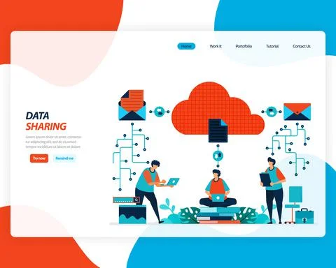 Vector cartoon illustration of data sharing technology, remote worker, networ Stock Illustration