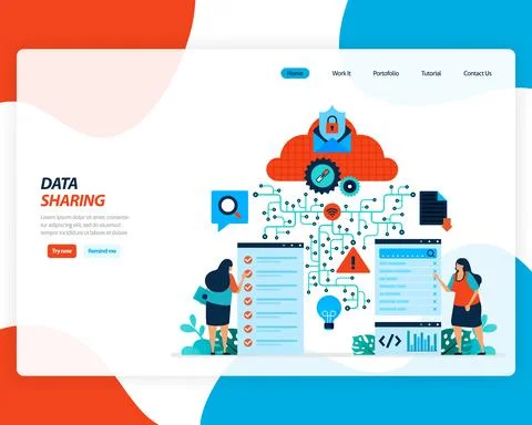 Vector cartoon illustration of data sharing technology, remote worker, networ Stock Illustration