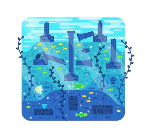 Vector cartoon illustration, destroyed columns on the seabed Stock Illustration
