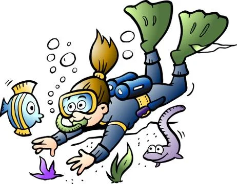 Vector Cartoon illustration of a Diver looking at colorful Fish Stock Illustration