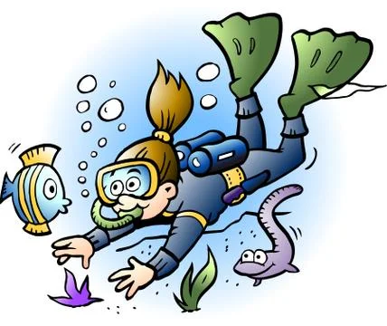 Vector Cartoon illustration of a Diver looking at colorful Fish Stock Illustration