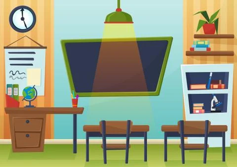 Vector cartoon illustration of empty school classroom with chalkboard and desks. Stock Illustration