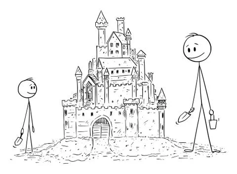 Vector Cartoon Illustration of Father or Dad Building Sand Castle with Son. Ilustración de archivo
