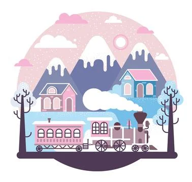 Vector cartoon illustration in flat stile - locomotive, two small houses Stock Illustration