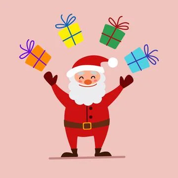 Vector cartoon illustration of a friendly smiling Santa Claus, juggling gifts Stock Illustration