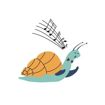Vector Cartoon Illustration of funny singing snail. Cute hand drawn kids design Stock Illustration