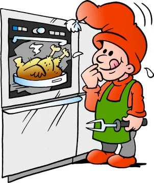 Vector Cartoon illustration of an happy Elf that makes delicious Christmas fo Stock Illustration