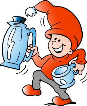 Vector Cartoon illustration of an happy Elf there runs a pitcher and cup Stock Illustration