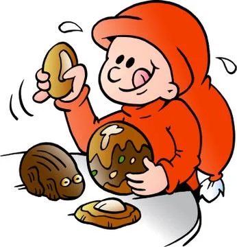 Vector Cartoon illustration of an happy Elf that eats delicious chocolate Stock Illustration