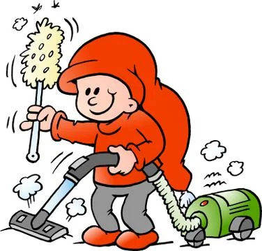 Vector Cartoon illustration of an happy Elf with a vacuum cleaner Stock Illustration