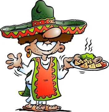 Vector Cartoon illustration of a Happy Mexican standing with some Tarco Food Stock Illustration