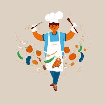 Vector cartoon illustration of home and small restaurant male man cook concepts Stock Illustration