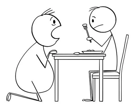 Vector Cartoon Illustration of Hungry Fat Man Scrounging Food From Thin Man Stock Illustration