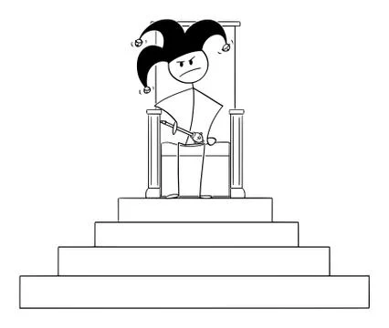 Vector Cartoon Illustration of Jester or Fool Sitting on Throne of King Stock Illustration