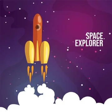 Vector cartoon illustration of launching rocket, flying in space. Explorer Stock Illustration
