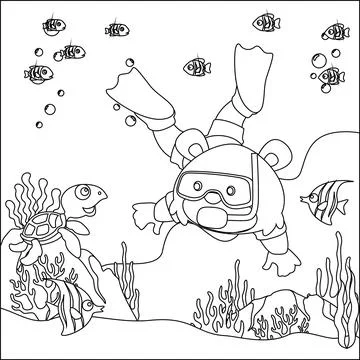 Vector cartoon illustration of little bear diving in undersea with cartoon Stock Illustration