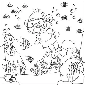 Vector cartoon illustration of little monkey diving in undersea with Stock Illustration