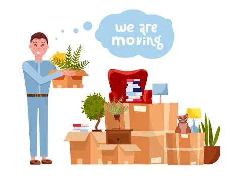 Vector cartoon illustration of loader mover man carrying box. Pile of stacked Stock Illustration