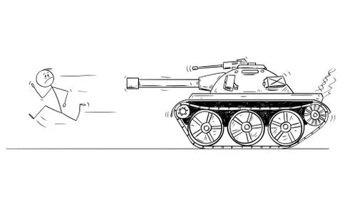 Vector Cartoon Illustration of Man or Civilian Running From the Army Tank Stock Illustration