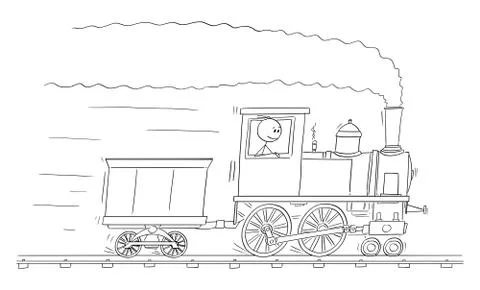 Vector Cartoon Illustration of Man or Engineer Driving Steam Train Engine or Stock Illustration