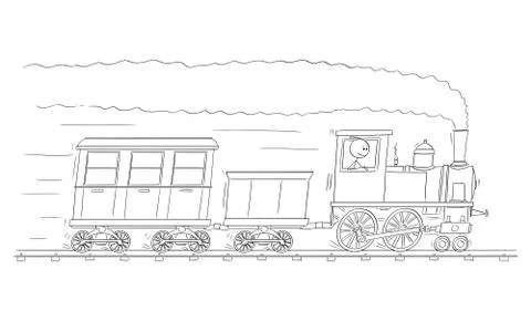 Vector Cartoon Illustration of Man or Engineer Driving Steam Train Engine or Stock Illustration