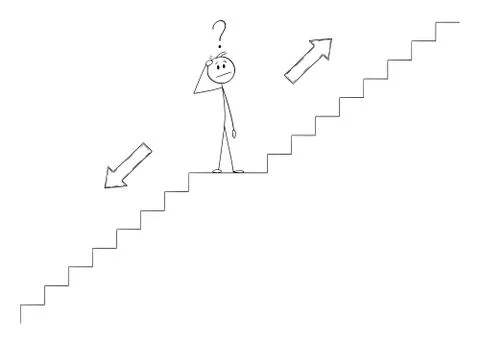 Vector Cartoon Illustration of Man or Businessman Thinking on Stairs, Choosing 스톡 일러스트