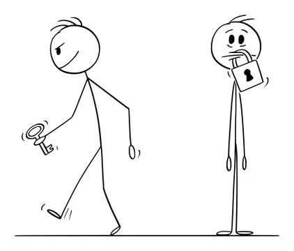 Vector Cartoon Illustration of Man With Padlock on His Mouth, Another Man is Illustrazione stock