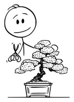Vector Cartoon Illustration of Man Pruning Bonsai Tree Illustrazione stock