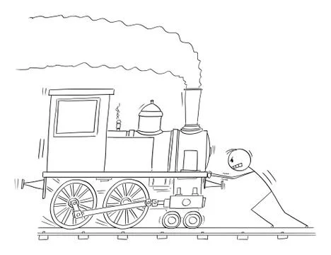 Vector Cartoon Illustration of Man Pushing Steam Railroad Train Engine or Stock Illustration