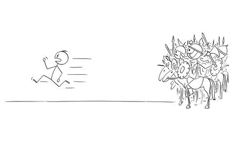 Vector Cartoon Illustration of Man Running Away in Panic or Fear From Army or Stock Illustration