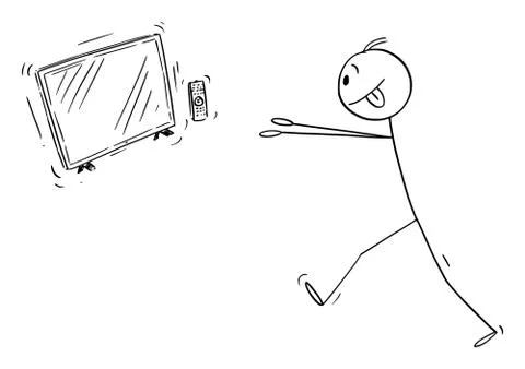 Vector Cartoon Illustration of Media Addicted Man Trying to TV, Telly or Stock Illustration
