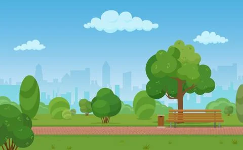 Vector cartoon illustration of a modern empty city park with skyscrapers Ilustração Stock