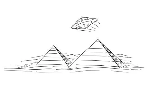Vector Cartoon Illustration or Drawing of UFO or Alien Spacecraft Flying over Stock Illustration