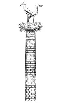 Vector Cartoon Illustration of Pair of White Storks Birds in Nest on Smokestack Stock Illustration