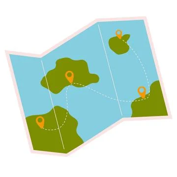 Vector cartoon illustration of paper map with route. Folded map icon. Trave.. Stock Illustration