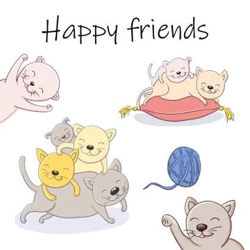 Vector cartoon illustration of playing kittens happy friends Stock Illustration