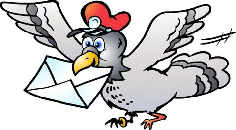Vector Cartoon illustration of a Post Pigeon flying with a Letter Stock Illustration