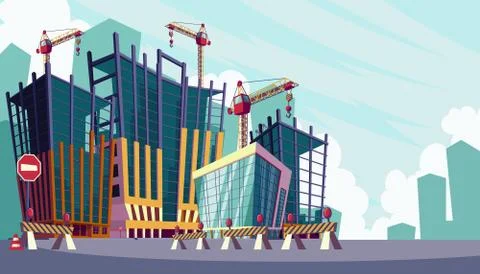 Vector cartoon illustration of the process of the construction of buildings Ilustración de archivo