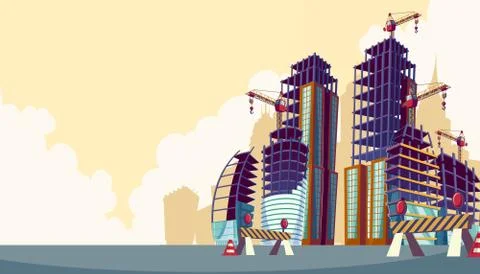 Vector cartoon illustration of the process of the construction of buildings Stock-Illustration