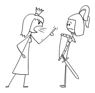 Vector Cartoon Illustration of Queen or Princess Yelling at Knight or Warrior or Illustrazione stock