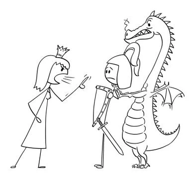 Vector Cartoon Illustration of Queen or Princess Yelling at Knight or Warrior or Illustrazione stock